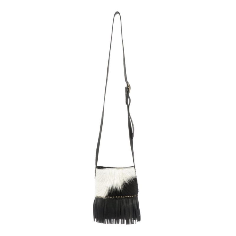 Lucchese | Women's Mini Cowprint Fringe Bag - Black/White - Click Image to Close